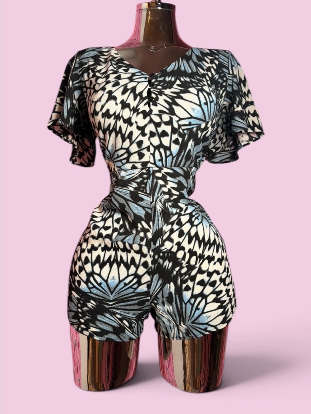 Black & White Butterfly Print Romper with Light Blue Accents